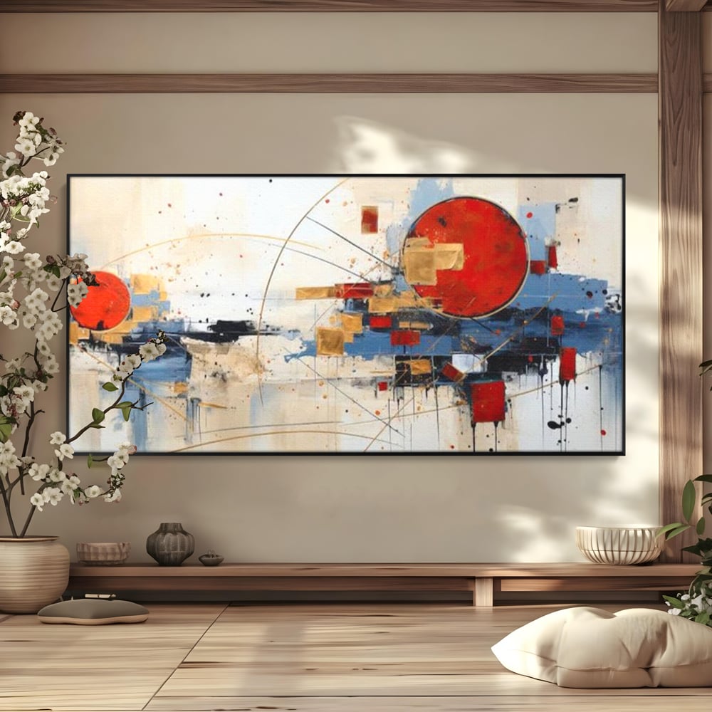 Tablou canvas cu tablou abstract cu cerc rosu si linii, in rama de aluminiu negru